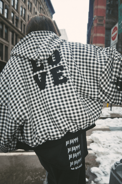 THE BE HAPPY GINGHAM PADDED BOMBER