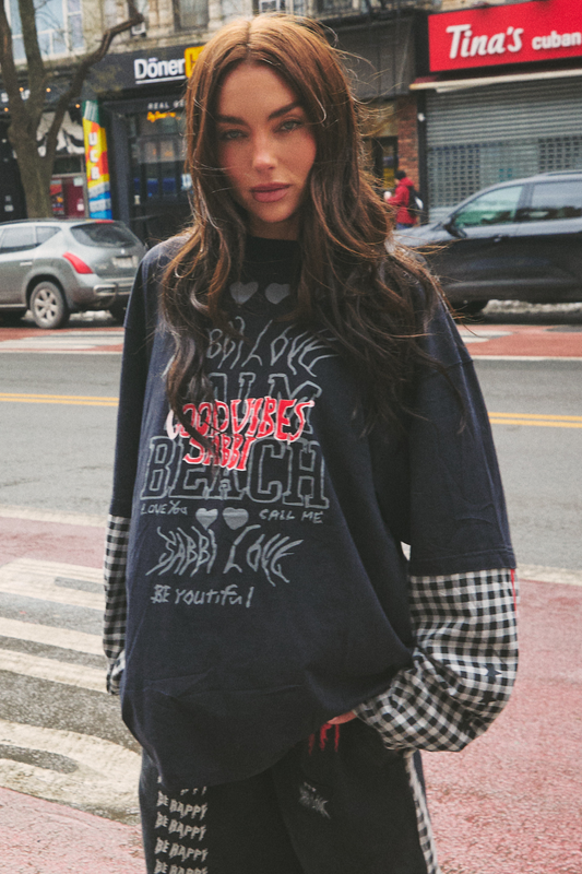THE BE HAPPY GINGHAM LONG SLEEVE TEE